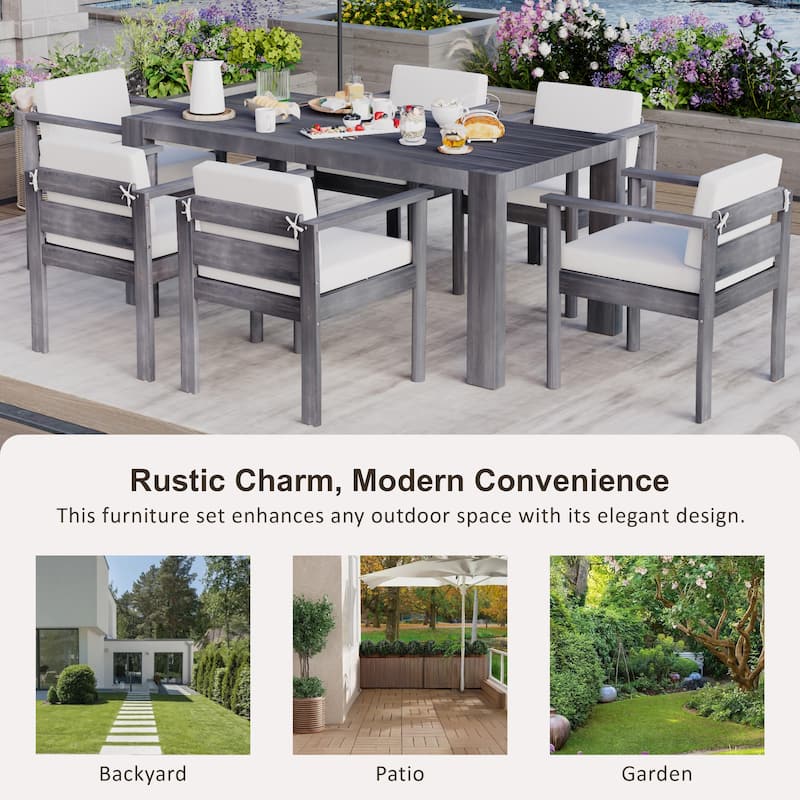 7-Piece Outdoor Patio Acacia Wood Dining Set with Umbrella Hole and 6 Cushioned Low Back Chairs