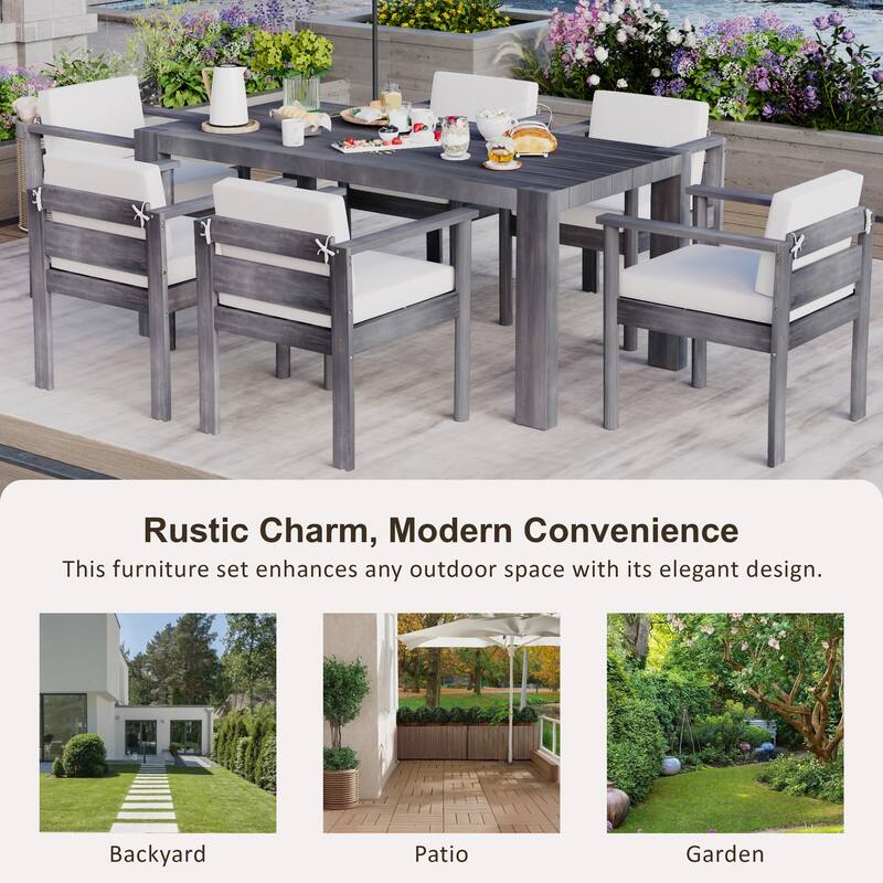 7-Piece Outdoor Patio Dining Set Wood Rectangular Dining Table and 6 Arm Chairs with Parasol Hole and Removable Cushions