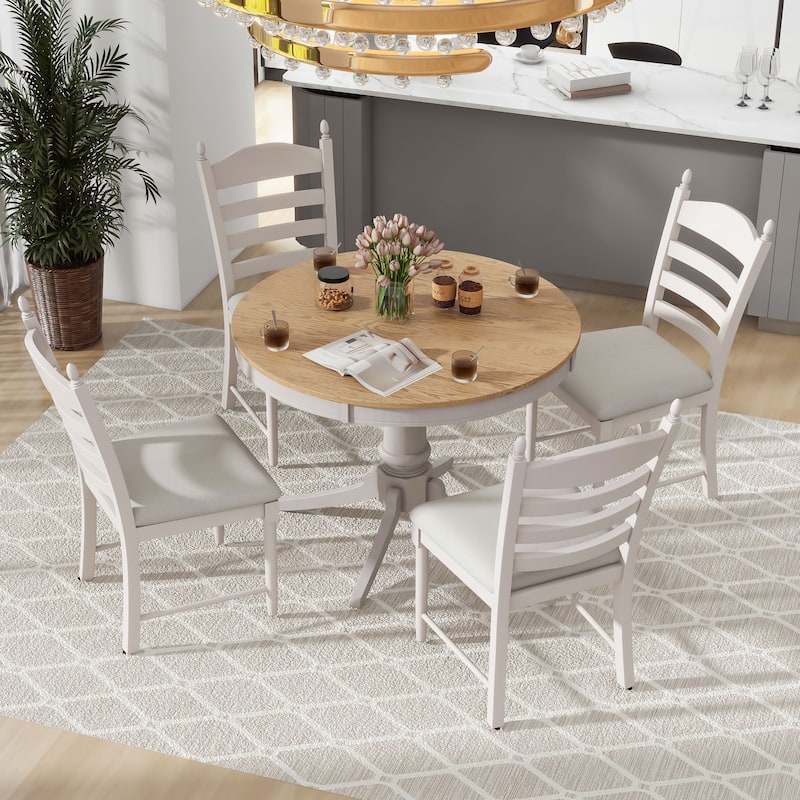 Retro 5-Piece Dining Table Set with Extendable Round Table and Upholstered Chairs for Elegant Dining