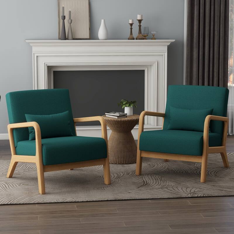 Upholstered Armchair Leisure Chair Accent Chairs Set of 2 with Pillow - Dark Green/Linen/Natural Wood