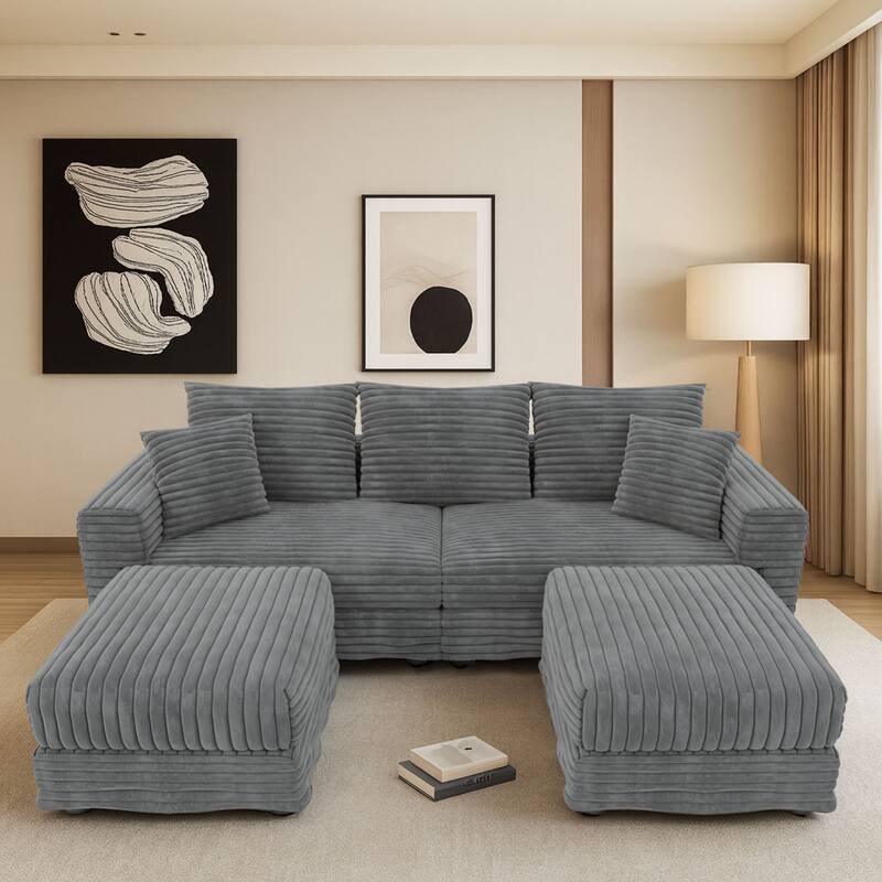 Modern Corduroy Fabric Upholstered Sectional Sofa with Ottoman - Grey-3 Seater with 2 Ottoman