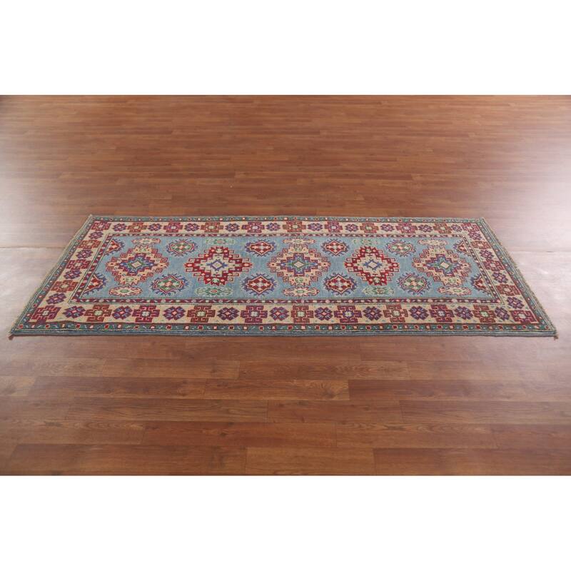 Hand Knotted Oriental 100% Wool Carpet Traditional Geometric Navy Blue & Blues Kazak Area Rug - 6' 4'' X 2' 9''