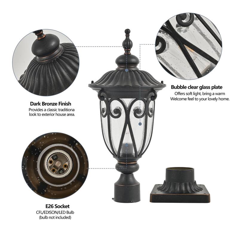 Outdoor Waterproof Aluminum Post Lantern with Bubble Glass (No Bulb)