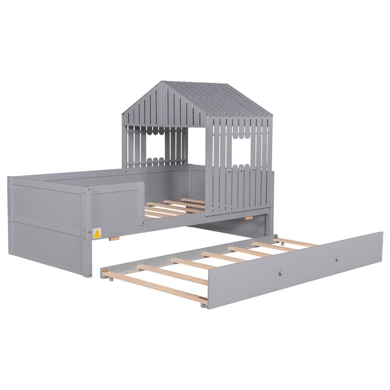 Twin Size House Low Loft Bed w/ Trundle Upholstered Bed, Safety Guard