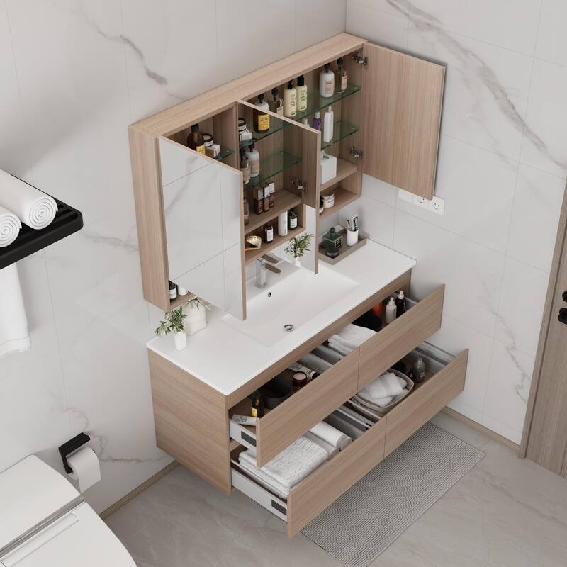 CB HOME 24''/30''/36''/48''/60'' Wall Mounted Bathroom Vanity with Sink, OAK Floating Bathroom Vanity Cabinet with Sink,Drawers.
