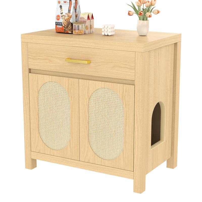 Cat Litter Box Enclosure, Hidden Cat Litter Box Furniture with Scratching Board Doors and Storage Drawer