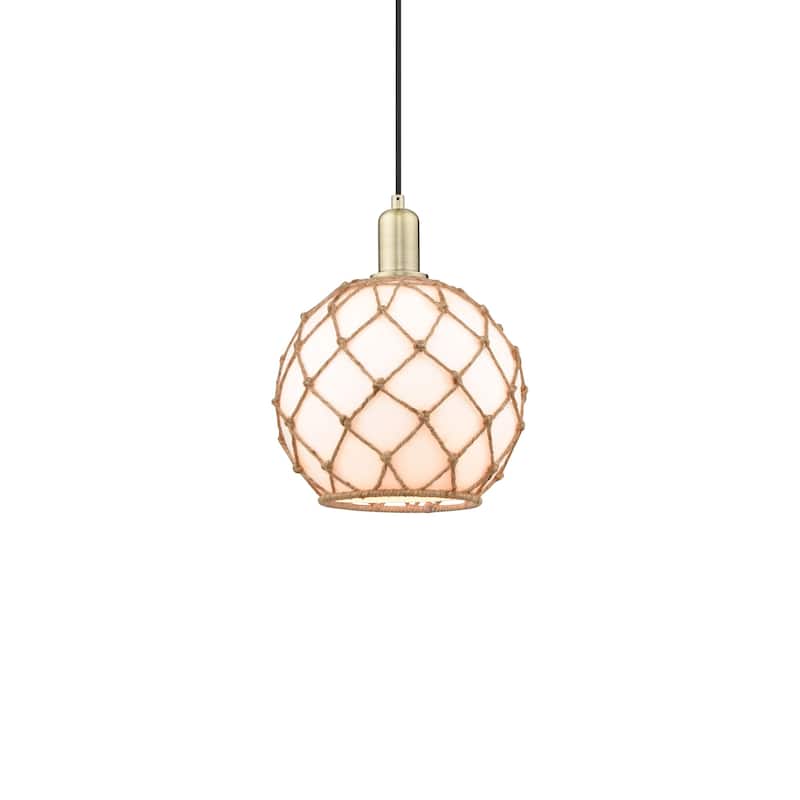 Innovations Lighting 716-1P-13-10 Farmhouse Rope Pendant Farmhouse - Antique Brass / White Glass with Brown Rope