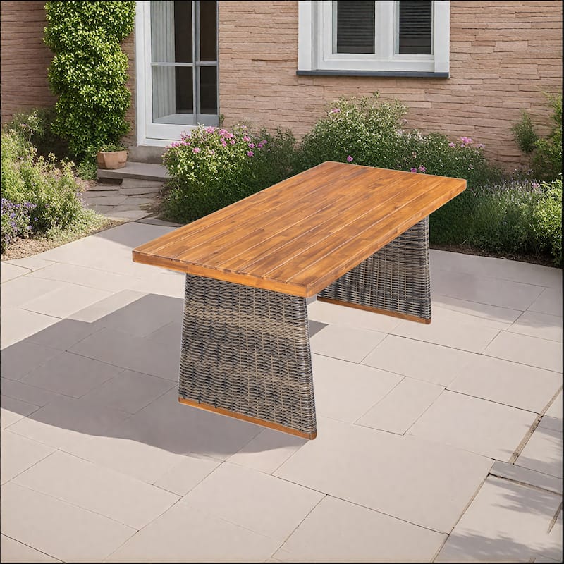 Christopher Knight Home - Rowan Outdoor Acacia Wood Dining Set with Handwoven Rattan Details and Slatted Tabletop