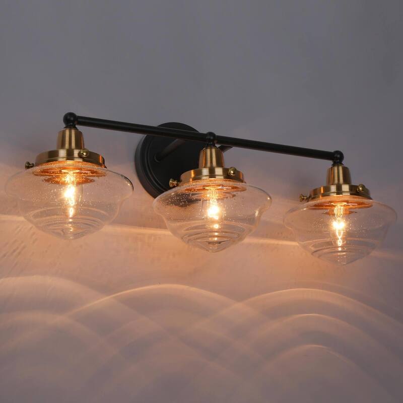 Rumar Modern 3-Light Black Gold Bathroom Vanity Light Dimmable Wall Sconces with Schoolhouse Glass - 22.8'' L x 8.3'' W x 9'' H