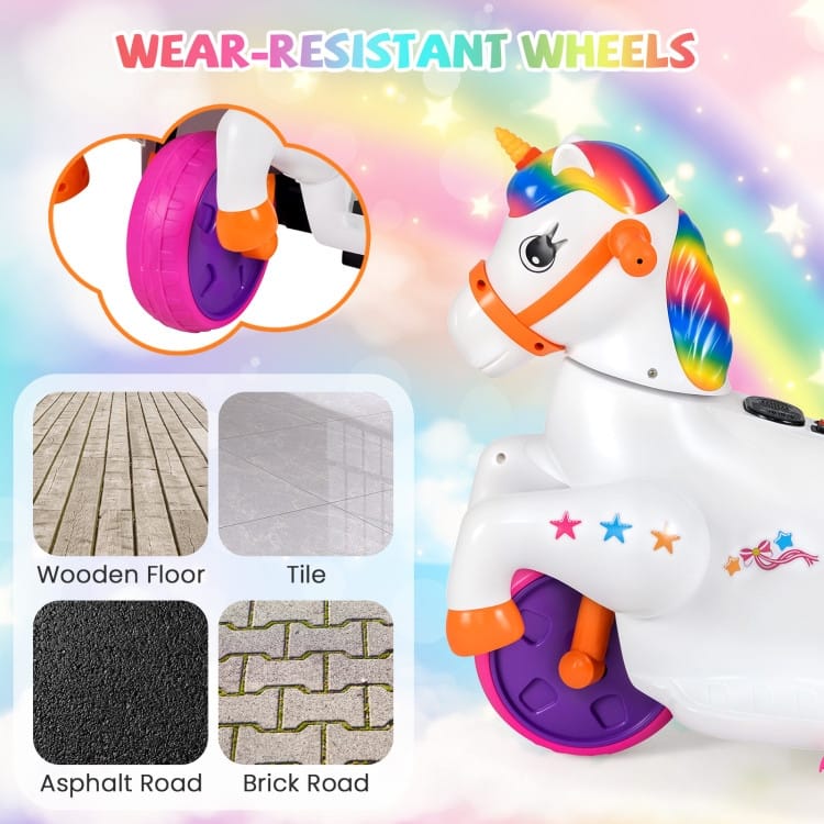Kids 12V Unicorn Ride-On Toy with Training Wheels Fun and Safe Horse Riding Mode - 27” L x 15” W x 22.5” H