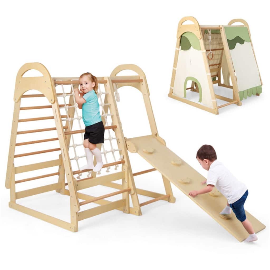 6-in-1 Indoor Kids Jungle Gym Playset with Slide and Climbing Ladder Monkey Bars and Tent - 45.5" x 42.5" x 50"