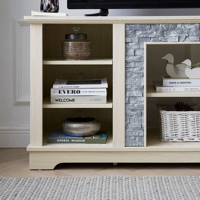 Modern Faux Stacked Stone Surround TV Stand with Open Storage and Adjustable Shelves, for Living Room, White