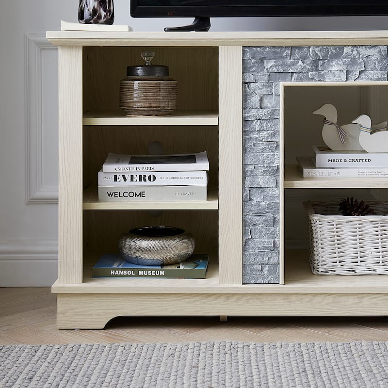 Traditional Style TV Stand with Faux Stone Accent, 6 Storage Shelf and 2 Shelf for Family Living Room