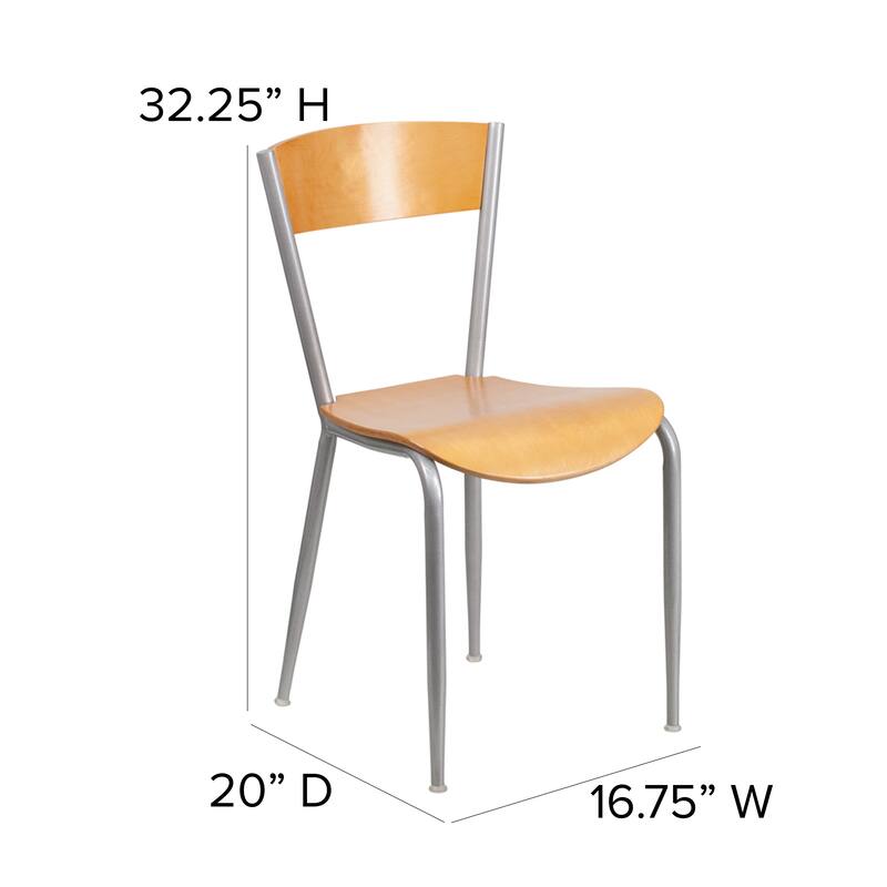 Silver Metal Restaurant Chair - Natural Wood Back & Seat - 16.75"W x 20"D x 32.25"H - 16.75"W x 20"D x 32.25"H