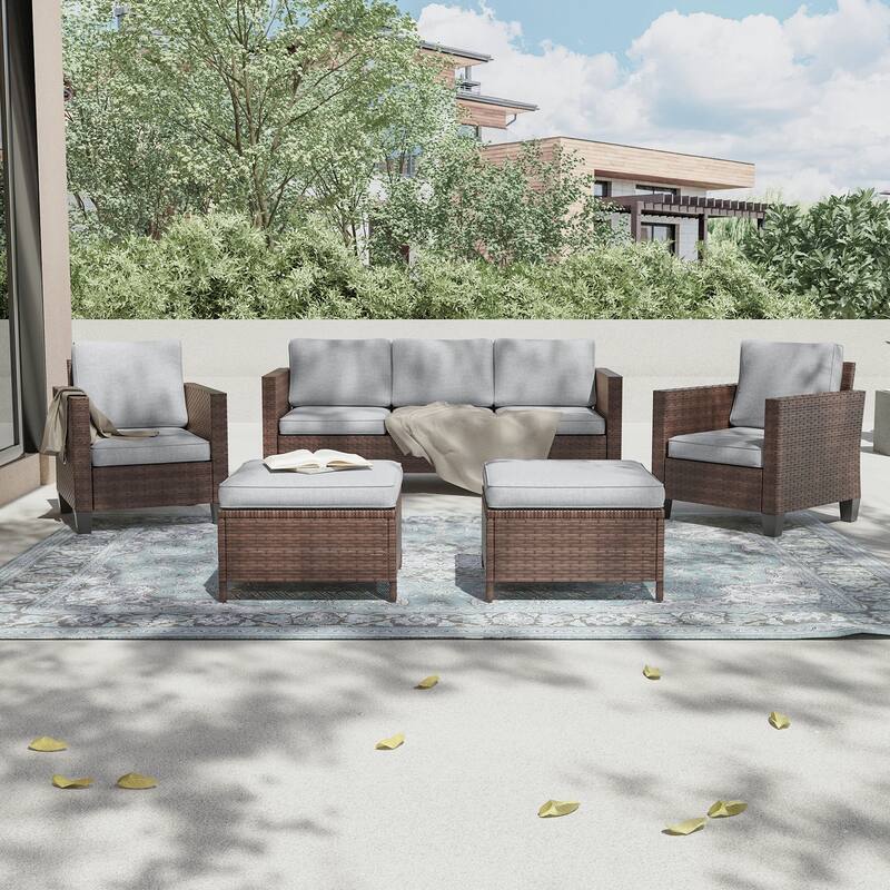LIVOOSUN 5Pcs Patio Furniture Set Grey Rattan Coversation Seating Set - Brown/LightGray
