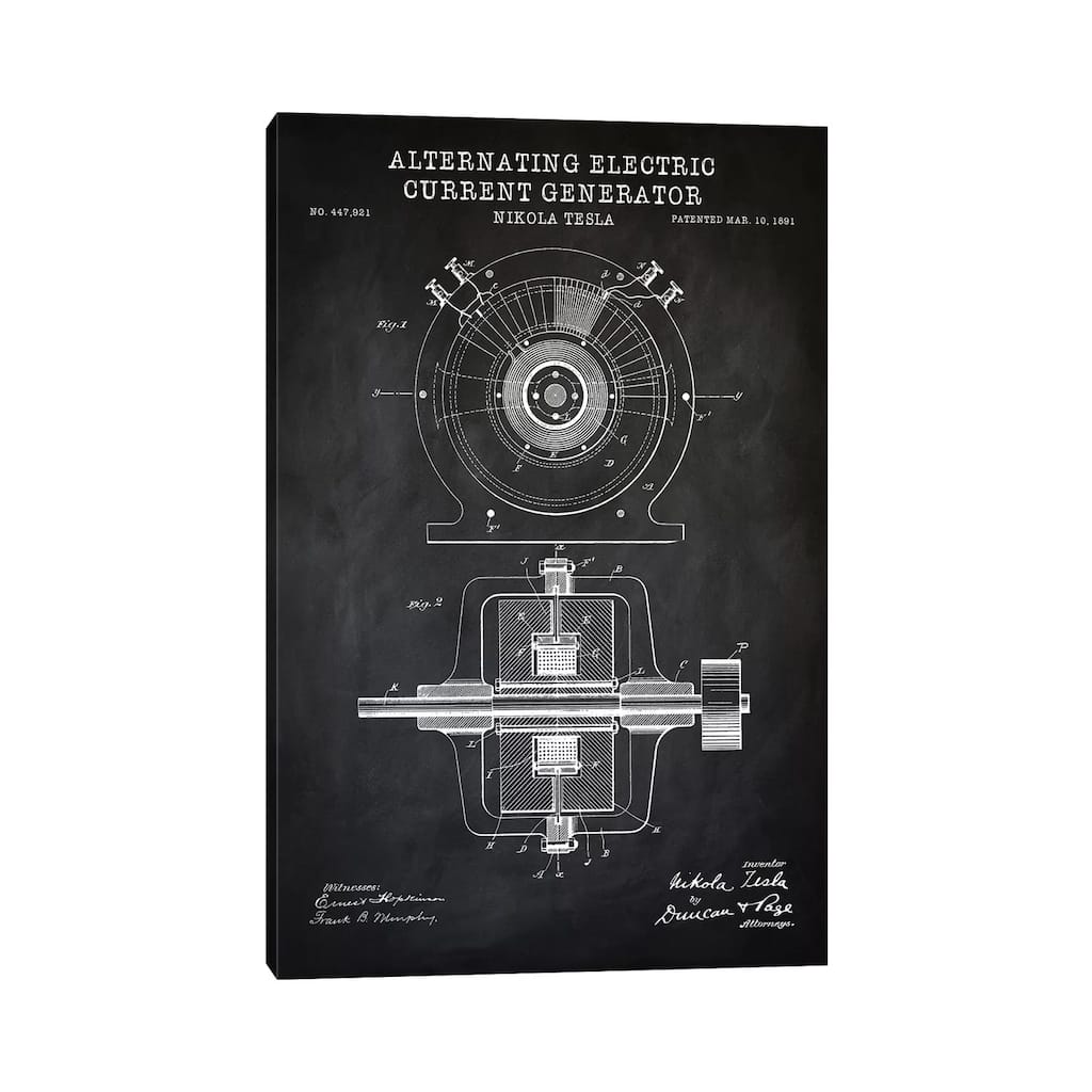 iCanvas "Tesla Alternating Electric Current Generator, Black" by PatentPrintStore Canvas Print