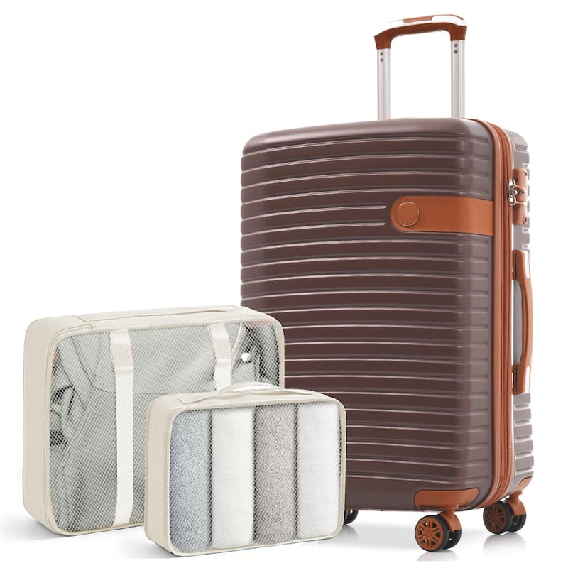 24" ABS Lightweight Hardshell Expandable Luggage with Spinner Wheels, TSA Lock and 2 Packing Cubes, for Travel - Brown