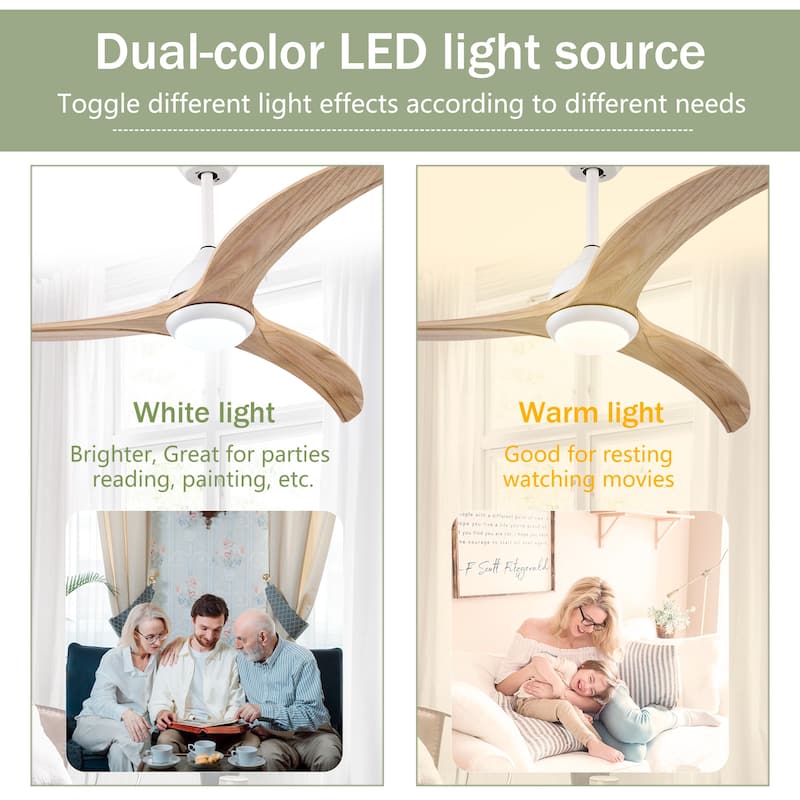 52"Ceiling Fan, Solid Wood Blades Ceiling Fan With Light with Remote Control,Noiseless Reversible Motor,6 Speed,3 Color