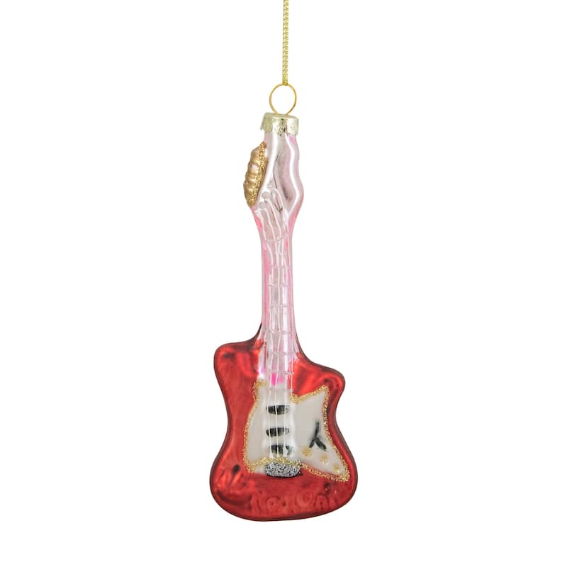 Glittered Bass Guitar Glass Christmas Ornament - 5.25" - Red and Gold