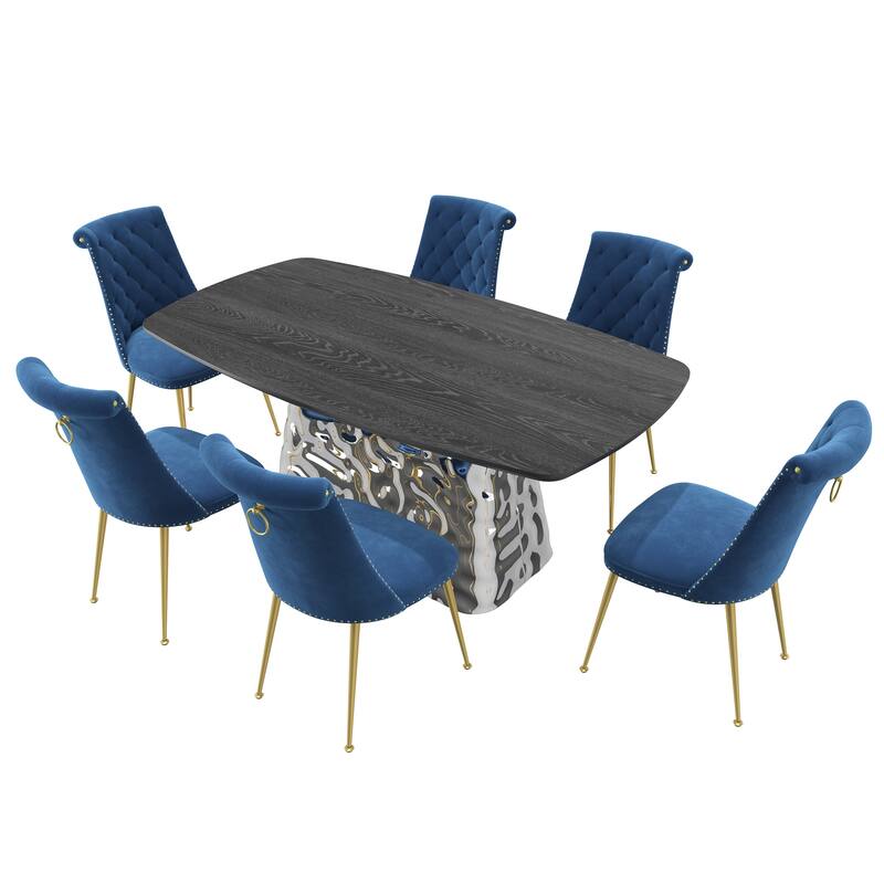7-Piece Clihome Modern Stainless Steel Table Velvet Chair Dining Set