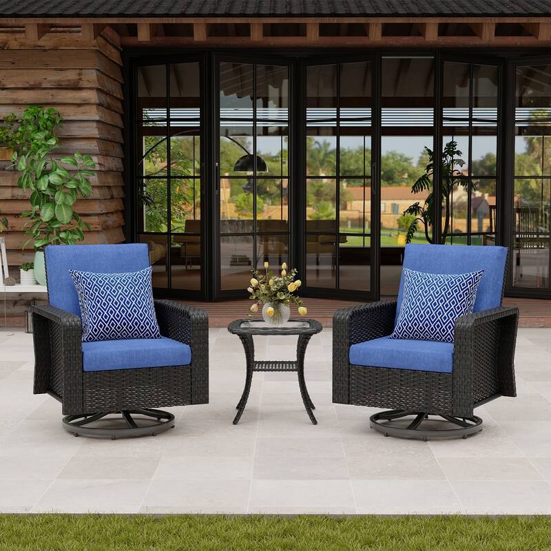 3 Pieces Outdoor Swivel Rocker Chairs, 360 Degree, Thickened Cushions & Glass Coffee Table - Dark Coffee+Blue