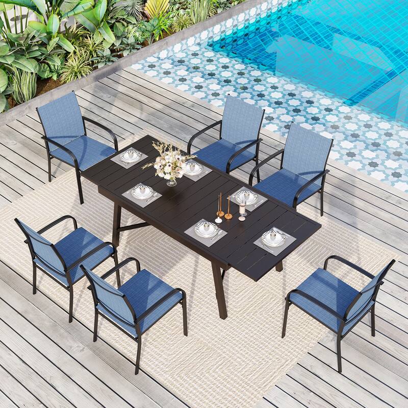 MAISON ARTS Outdoor Dining Set 7/9-Piece with Expandable Rectangular Metal Table and 6/8 Textilene Dining Chairs - 7-Piece-Blue