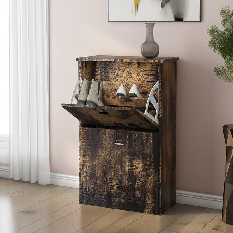 Durable Hidden Shoe Cabinet Storage with Adjustable Layers, 2 Flip-Top Drawers for Entryway, Hallway, or Bedroom, Shoe Rack