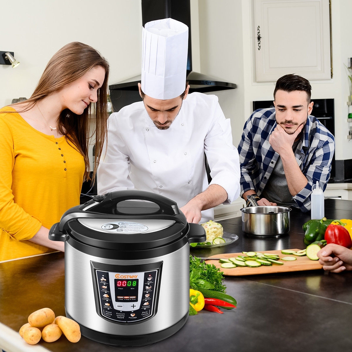 Costway 1000 Watt 6 quart Electric Pressure Cooker Brushed Stainless Steel Silver and Black