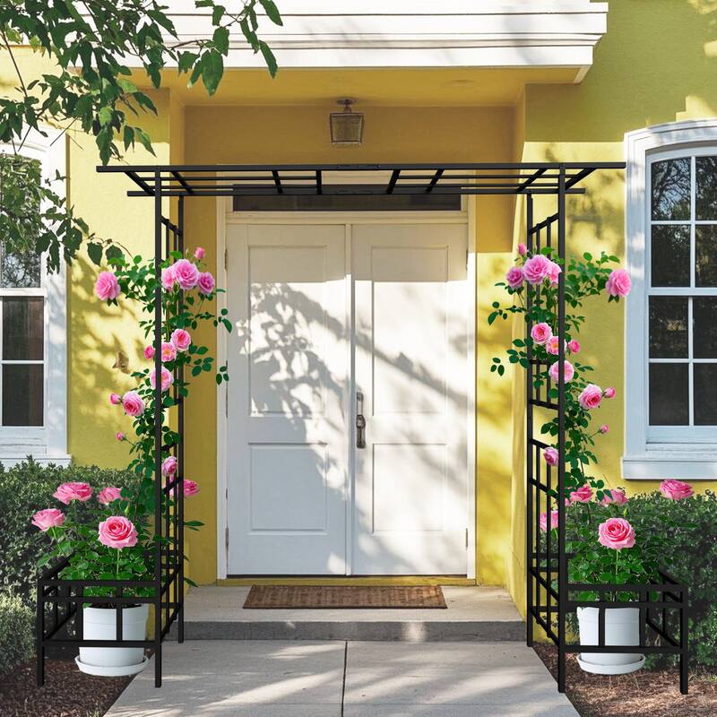 Anmytek Metal Garden Arch with Adjustable Width W68.11'' W94.29'' Climbing Plants Support Rose Arch Outdoor Black