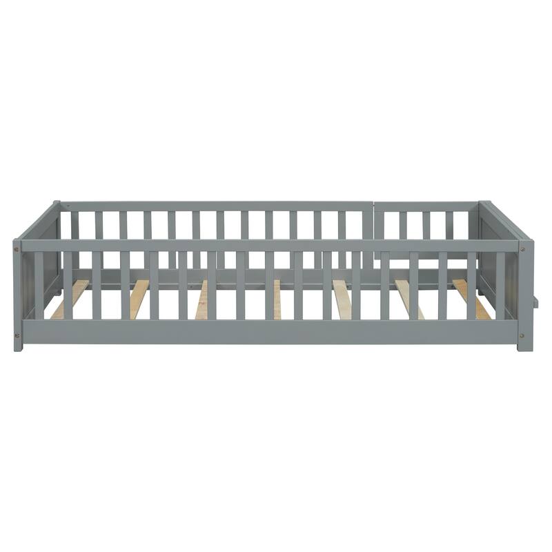 GDFStudio - Kensington Twin Floor Platform Bed with Built-in Book Storage Rack and Guardrails