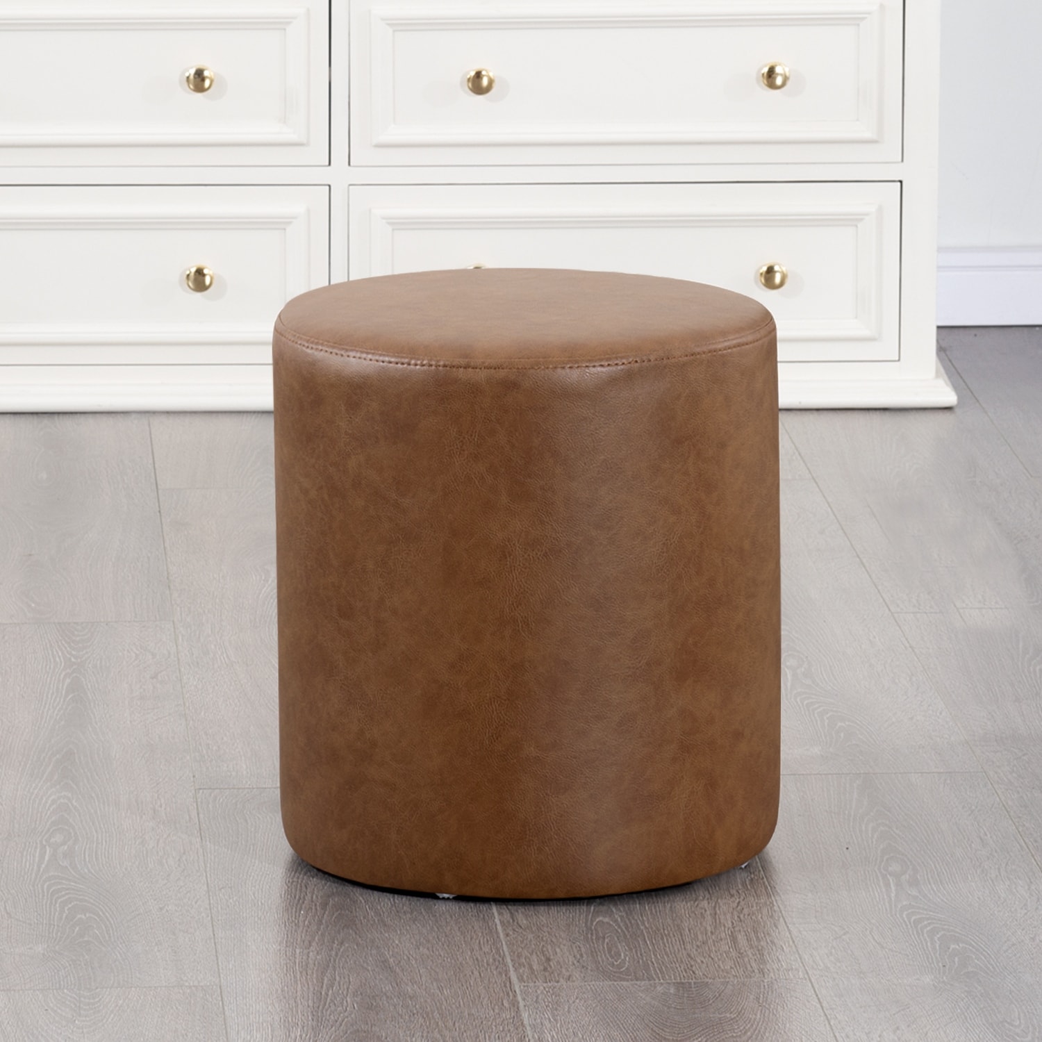 Adeco 15" Faux Leather Round Ottoman Upholstered Footrest Stool for Living Room