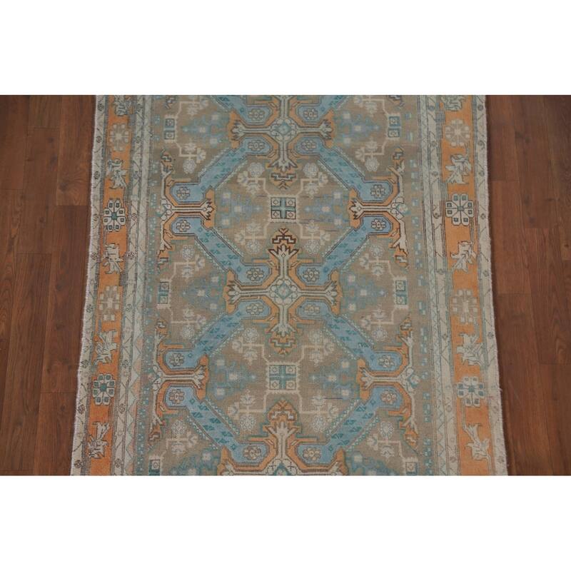 Hand Knotted Oriental 100% Wool Carpet Traditional All-Over Beige & Ivories Heriz Runner Rug - 10' 9'' X 3' 4''