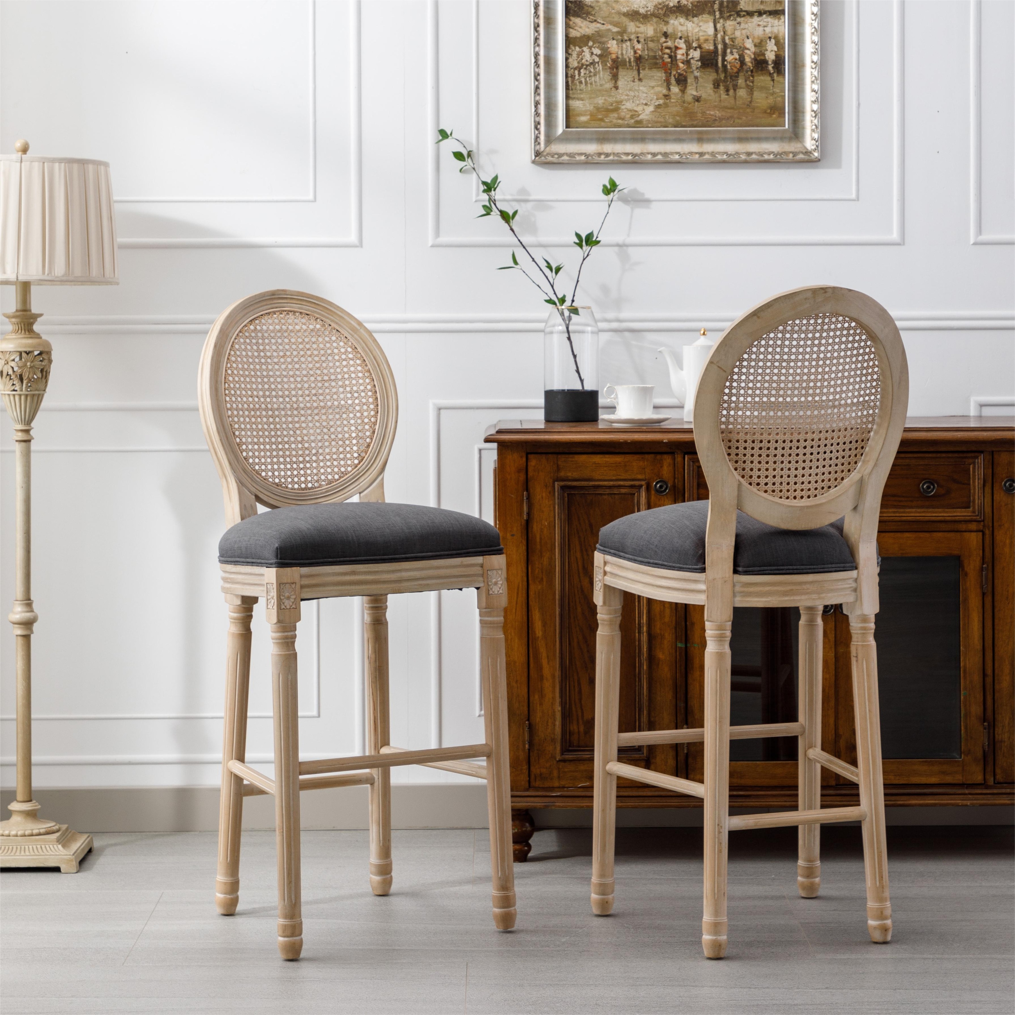 French Country Wooden Barstools Rattan Back With Upholstered