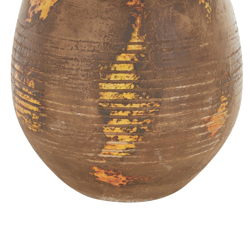 Ceramic Antique Style Distressed Vase with Grooves and Handles - Brown - Roche River Decor - 12"W x 11"L x 15"H