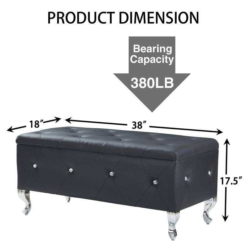 Upholstered Rectangular Storage Ottoman Bench with Crystal Buttons