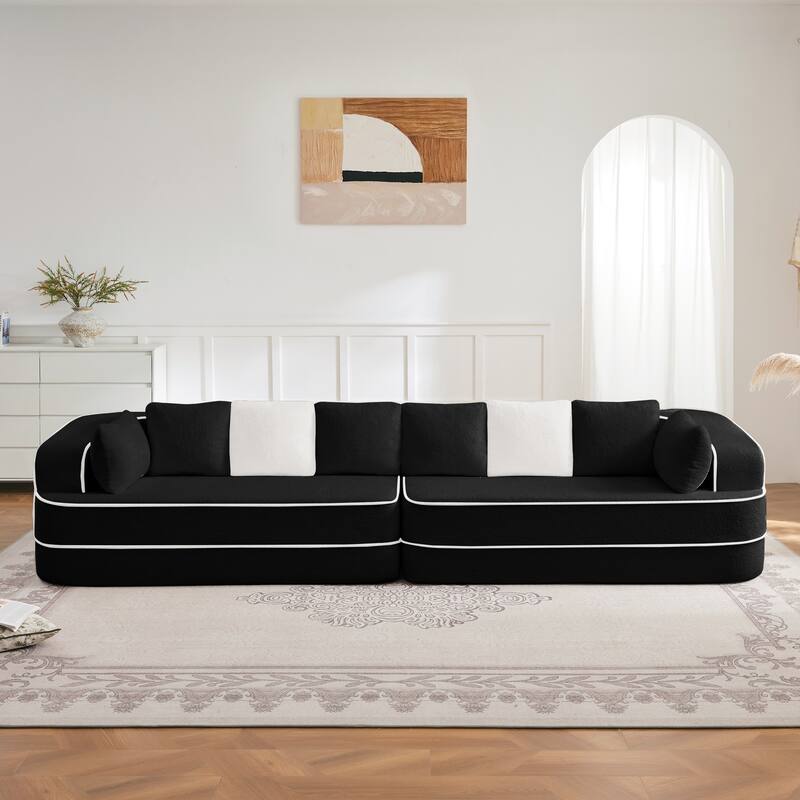 Roomfitters No Assembly Modular Sofa, 106 Inch Teddy Fabric Floor Couch with Chaise, Black