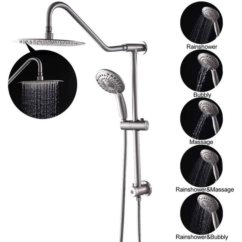 5 -Spray Patterns 10" Wall Mount Dual Shower Heads Plastic Drill-Free Adjustable Slide Bar and Hose in Brushed Nickel
