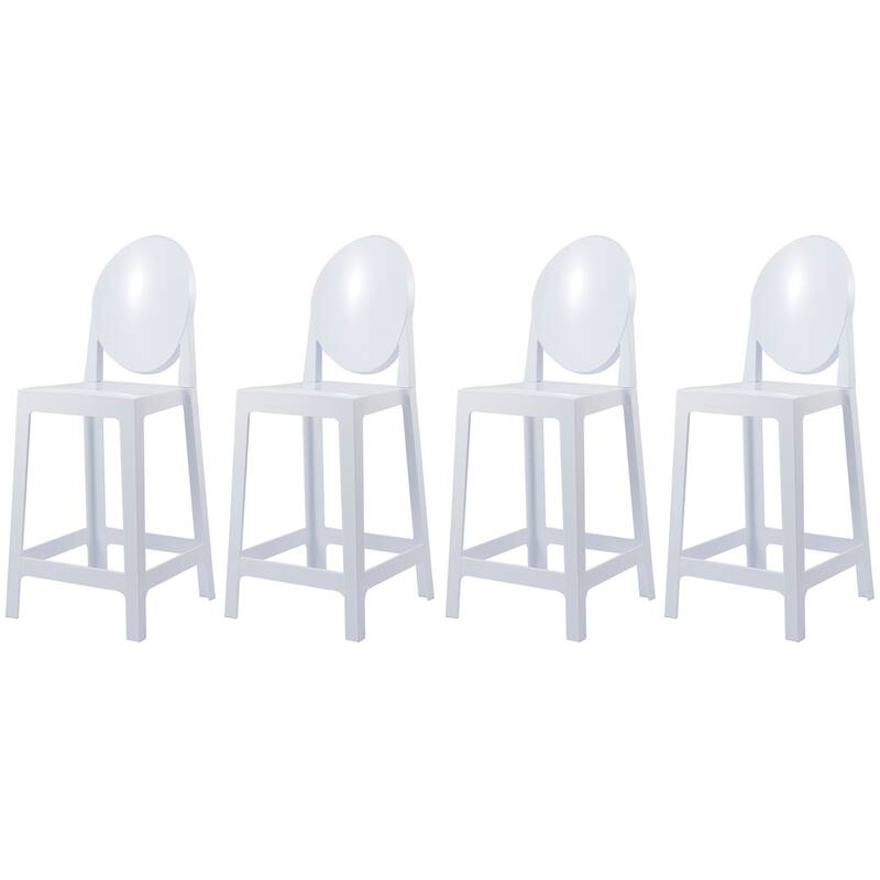 Set of 4 25" Seat Bar Stool Counter Height With Backs Plastic High Chairs Dining Molded Kitchen Transparent - White