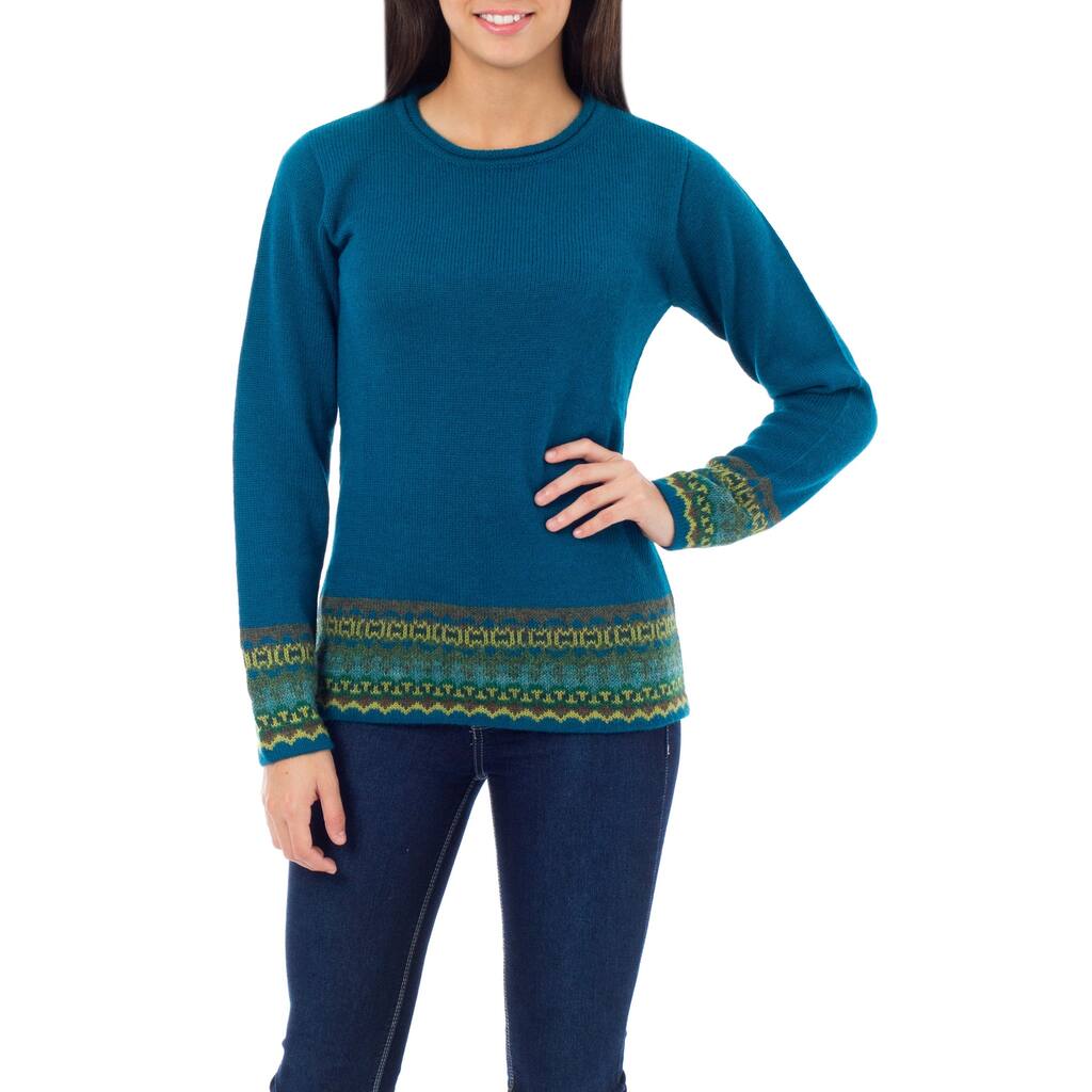 Handmade Inca Muse Teal with Turquoise Taupe and Yellow Fair Isle Borders Wool Womens Sweater (Peru)