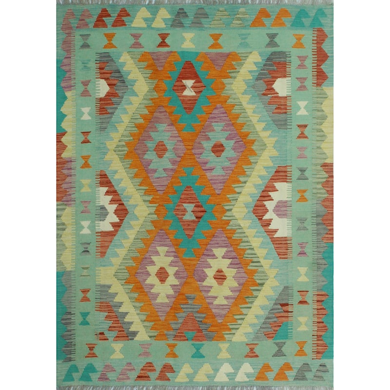 Sangat Flatweave Harry Green/Orange Rug - 4'9" x 6'6"