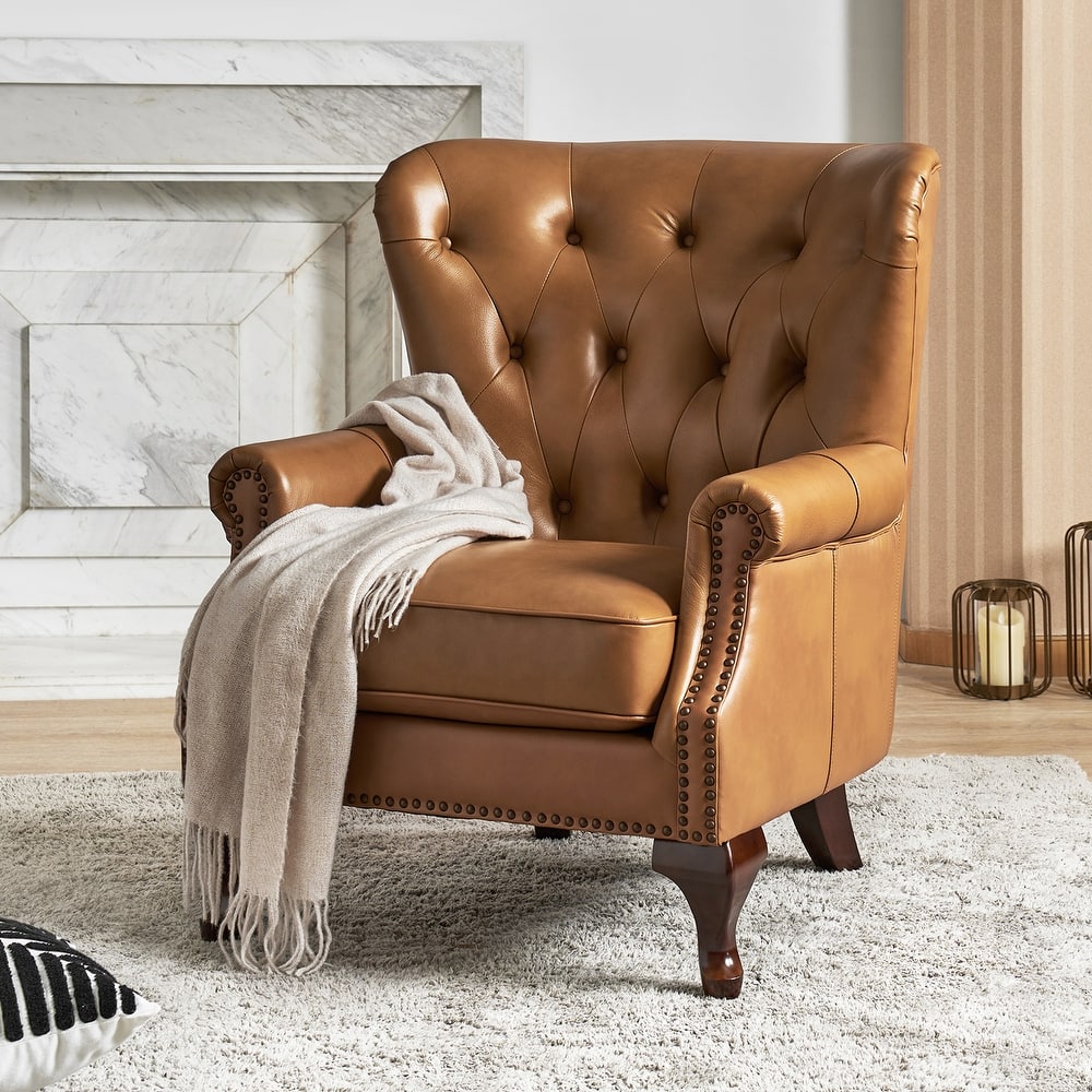 Gerhard Genuine Leather Armchair with Nailhead Trims and Removable Cushion by HULALA HOME