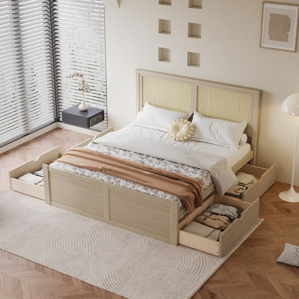 slide 2 of 9, Full Wood Platform Bed with 4-Storage Drawers, Rattan Headboard, Easy Assembly, Nature Natural