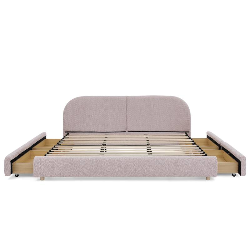 King Size Upholstered Bed Frame Modern Minimalist Style - Circle Yarn Fabric, Tall Curved Headboard