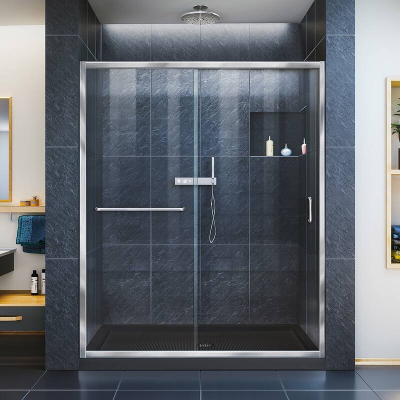 DreamLine Infinity-Z 30 in. D x 60 in. W x 74 3/4 in. H Sliding Shower Door and Shower Base Kit - Center Drain Base - Chrome, Black Base, Center Drain