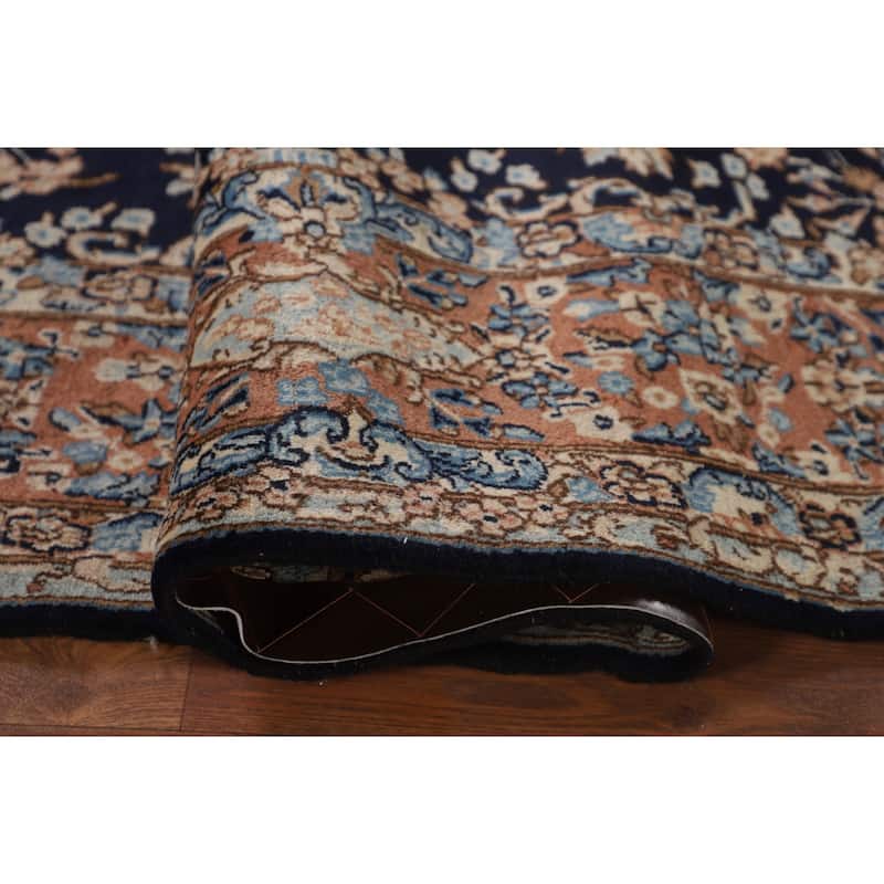 Navy Blue Floral Kerman Persian Antique Area Rug Handmade Wool Carpet - 6'11" x 9'7"
