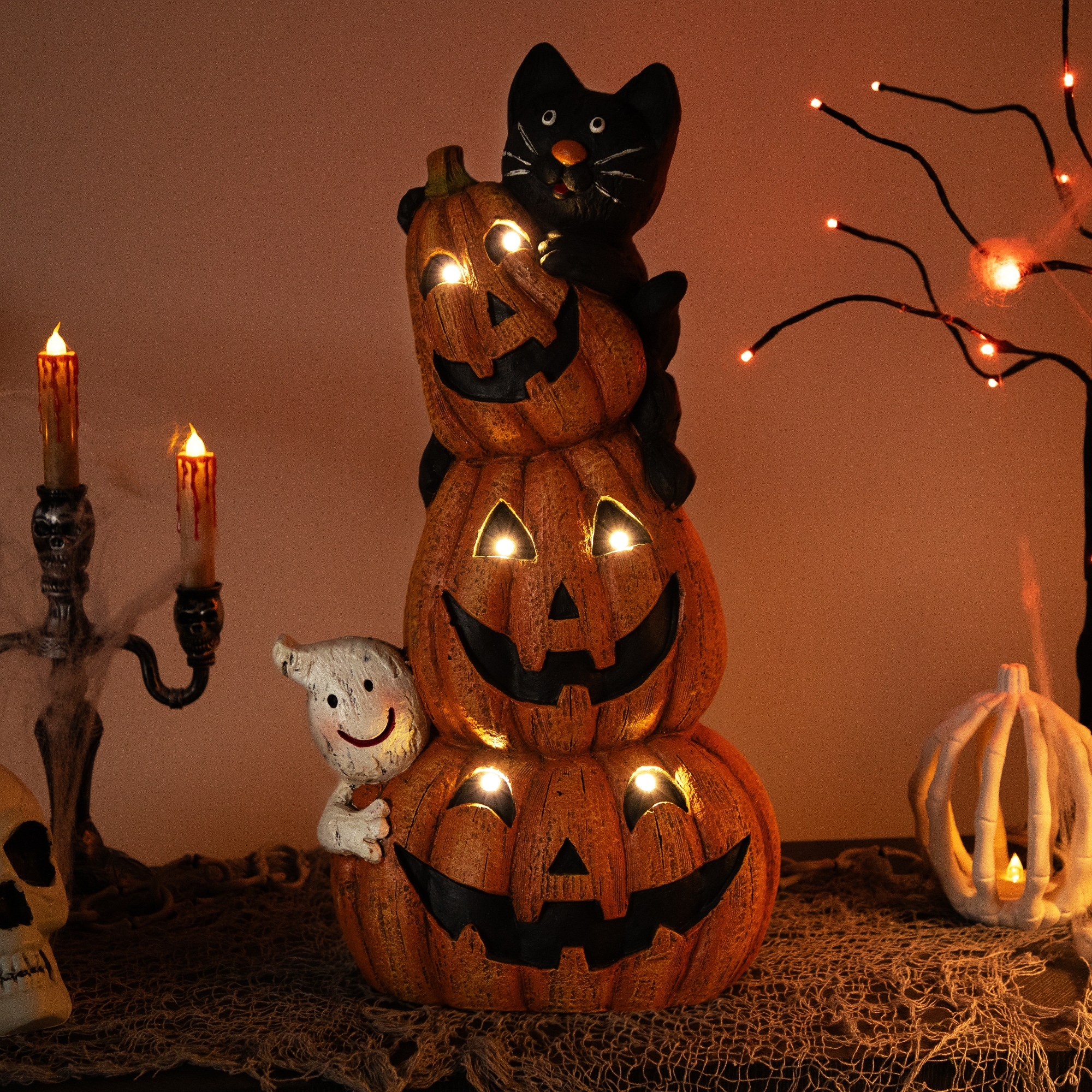 Stacked Jack-O-Lanterns Ghost Black Cat Halloween Decor 20" LED