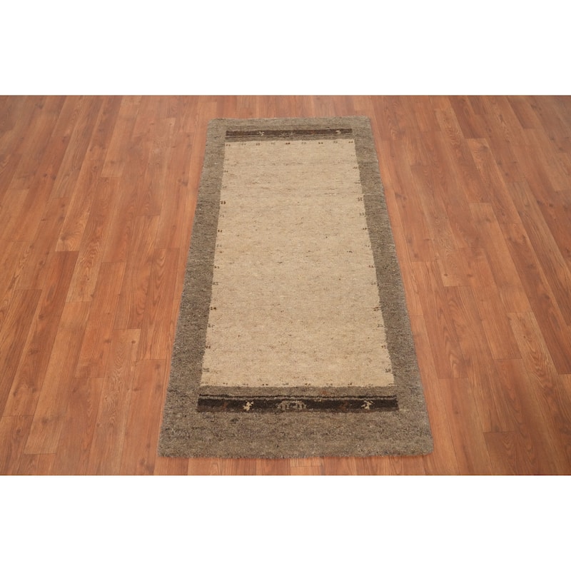 Hand Knotted Oriental 100% Wool Carpet Modern Bordered Beige & Ivories Gabbeh Area Rug - 4' 5'' X 2' 2''