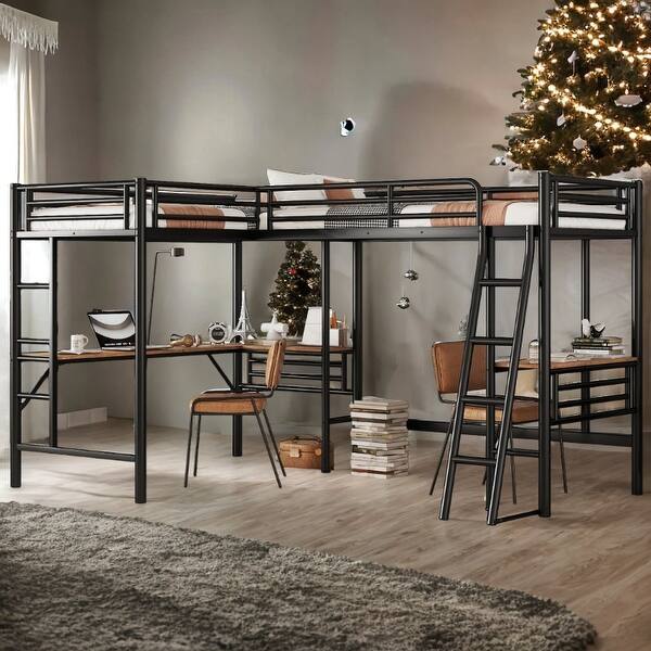 slide 2 of 13, Industrial Design L-shaped Twin Metal Loft Bed with Two Built-in Desks Black