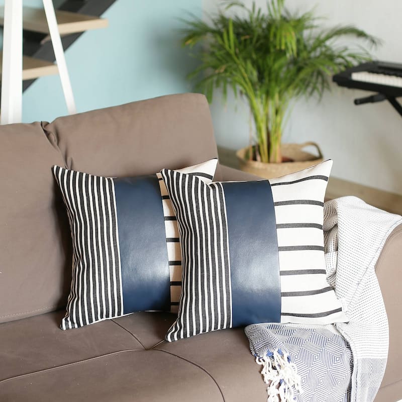 Bohemian Striped Vegan Faux Leather Throw Pillow Covers Set of 2 - 22x22 - Navy Blue