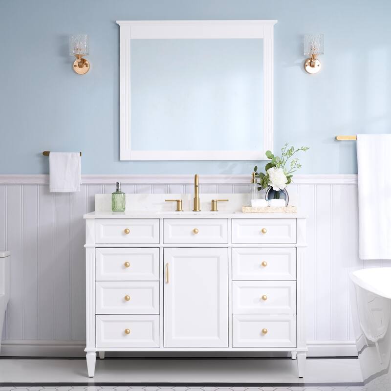 35''H Solid Wood Bath Vanity With Carrera White Quartz Top and Sink - 48''W - White